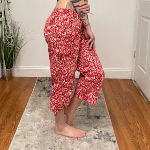 Marella Mid Rise Floral Crop Cargo Pants Tie-Waist Straight Leg Size 10 Red - Picture 9 of 12